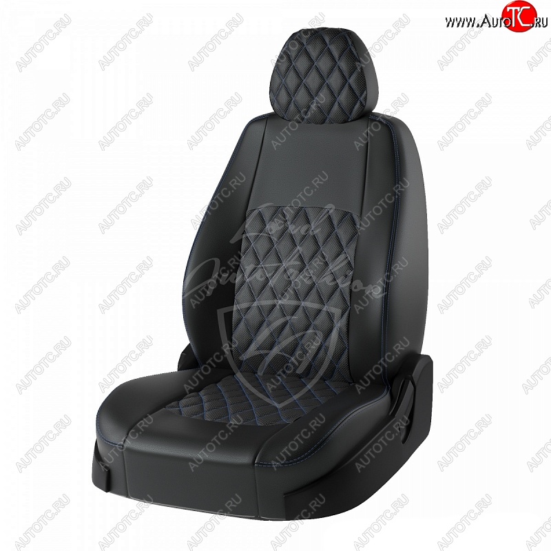 9 449 р. Чехлы для сидений Lord Autofashion Турин Ромб (экокожа) Hyundai I40 1 VF дорестайлинг седан (2011-2015) (Черный, вставка черная, строчка синяя)  с доставкой в г. Керчь