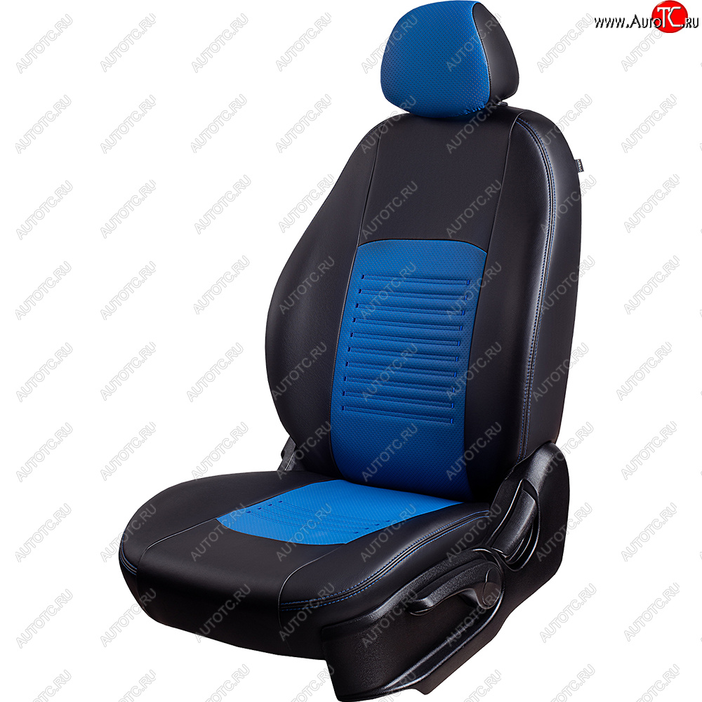 5 499 р. Чехлы для сидений Lord Autofashion Турин ((экокожа, сплошная спинка 2 П-образных подголовника)  Hyundai Solaris  HCR (2017-2020) седан дорестайлинг (Черный, вставка синяя)  с доставкой в г. Керчь