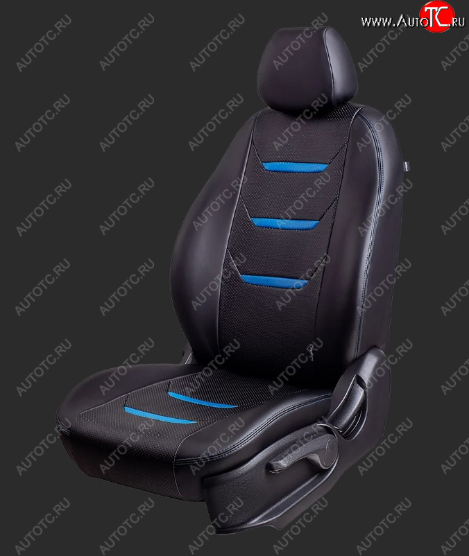 8 699 р. Чехлы для сидений Lord Autofashion Турин 2 (экокожа, спинка 60/40, 3 Г-образных подголовника)  Hyundai Solaris  HCR (2017-2022) седан дорестайлинг, седан рестайлинг (Черный, вставка черная и синяя, строчка синяя)  с доставкой в г. Керчь