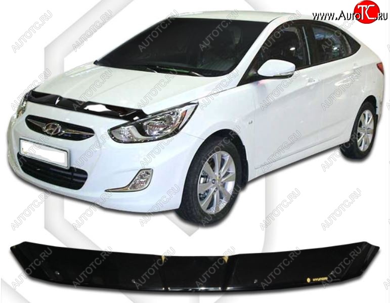 1 899 р. Дефлектор капота CA-Plastiс Hyundai Solaris RBr седан дорестайлинг (2010-2014) (Classic черный, Без надписи)  с доставкой в г. Керчь