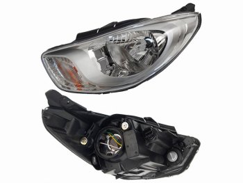 Передняя фара SAT (левая, хром) Hyundai Solaris  RBr (2010-2014) седан дорестайлинг, хэтчбэк дорестайлинг
