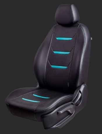 Чехлы для сидений Lord Autofashion Турин 2 (экокожа, спинка 60/40, 2 Г-образных подголовника) Hyundai Solaris  RBr (2010-2017) седан дорестайлинг, седан рестайлинг (Черный, вставка черная и бирюзовая, строчка бирюзовая)