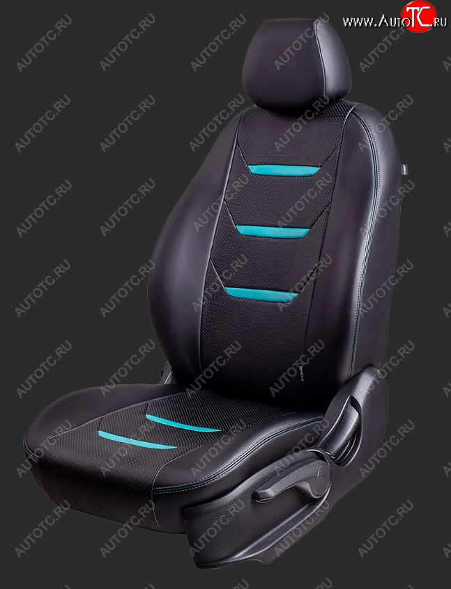 7 399 р. Чехлы для сидений Lord Autofashion Турин 2 (экокожа, спинка 60/40, 2 Г-образных подголовника)  Hyundai Solaris  RBr (2010-2017) седан дорестайлинг, седан рестайлинг (Черный, вставка черная и бирюзовая, строчка бирюзовая)  с доставкой в г. Керчь
