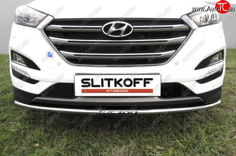 10 799 р. Одинарная защита переднего бампера диаметром 42 мм с надписью Slitkoff  Hyundai Tucson  TL (2015-2018) дорестайлинг (Нержавеющая сталь)  с доставкой в г. Керчь