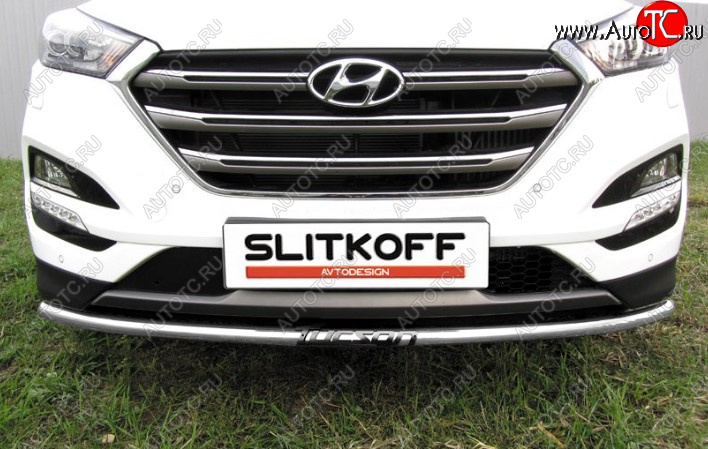 7 549 р. Защита переднего бампера Slitkoff (Ø 42 мм, с надписью).  Hyundai Tucson  TL (2015-2018) дорестайлинг (Сталь с полимерным покрытием. Цвет: серебристый)  с доставкой в г. Керчь