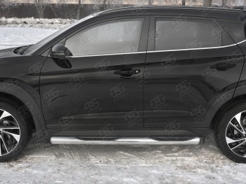 Защита порогов (Ø76 мм с проступью, нержавейка) SLITKOFF Hyundai Tucson  TL (2018-2021) рестайлинг (Металлические торцы под 90°)