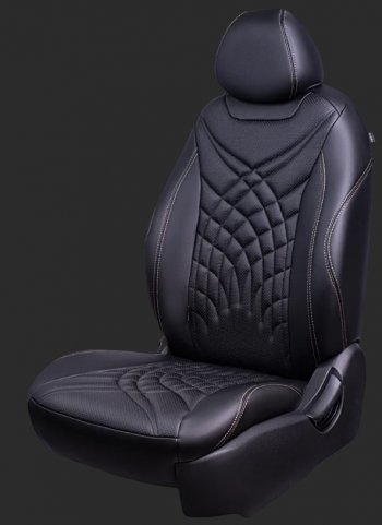 Чехлы для сидений Lord Autofashion Байрон ЖУК (экокожа, спинка 60/40, подлокотник, 3 Г-образных подголовника) Hyundai Tucson  TL (2018-2021) рестайлинг (Черный, вставка черная, строчка бежевая)