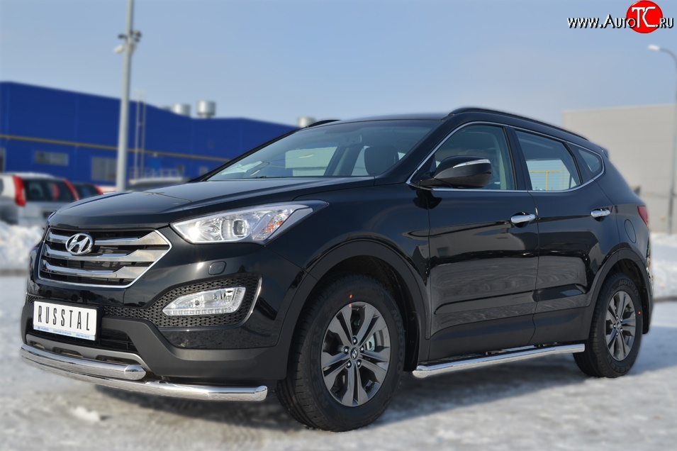 70 999 р. Защита порогов из круглой трубы диаметром 63 мм Russtal Hyundai Santa Fe DM дорестайлинг (2012-2016) (Защита порогов с со скосами на торцах (вариант 1))  с доставкой в г. Керчь