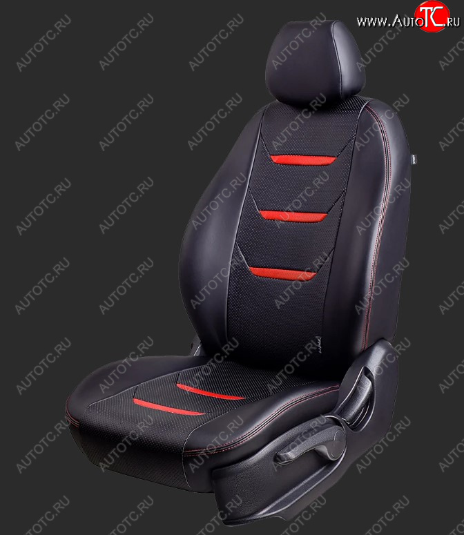 8 999 р. Чехлы для сидений Lord Autofashion Турин 2 (экокожа, спинка 60/40, 2 Г-образных подголовника)  KIA Rio  3 QB (2011-2017) дорестайлинг седан, рестайлинг седан (Черный, вставка черная/красная, строчка красная)  с доставкой в г. Керчь