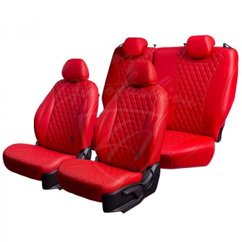 17 449 р. Чехлы для сидений Lord Autofashion Байрон (экокожа, раздельная задняя спинка, 3 Г-образных подголовника)  KIA Rio ( X-line,  X) (2017-2025) рестайлинг (Красный, вставка красная, строчка красная)  с доставкой в г. Керчь. Увеличить фотографию 2