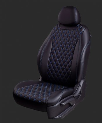 Чехлы для сидений Lord Autofashion Байрон (экокожа, спинка и сиденье 60/40, подлокотник, 3 Г-образных подголовника) KIA Sorento  XM (2009-2012) дорестайлинг (Черный, вставка черная, строчка синяя)