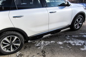 Защита порогов Slitkoff (d76 мм, с проступями) KIA Sorento  UM/Prime (2018-2020) рестайлинг (Сталь с полимерным покрытием. Цвет: серебристый)