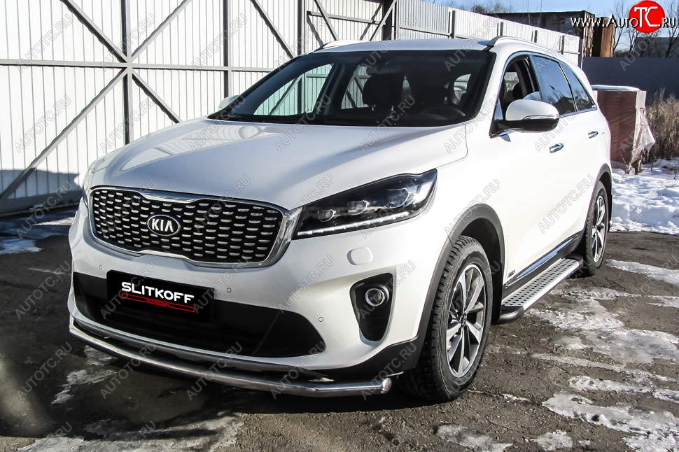 12 999 р. Защита переднего бампера Slitkoff (двойная, d57/42)  KIA Sorento  UM/Prime (2018-2020) рестайлинг (Нержавейка, Полированная)  с доставкой в г. Керчь