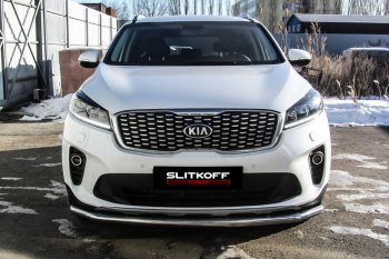 12 999 р. Защита переднего бампера Slitkoff (двойная, d57/42)  KIA Sorento  UM/Prime (2018-2020) рестайлинг (Нержавейка, Полированная)  с доставкой в г. Керчь. Увеличить фотографию 2