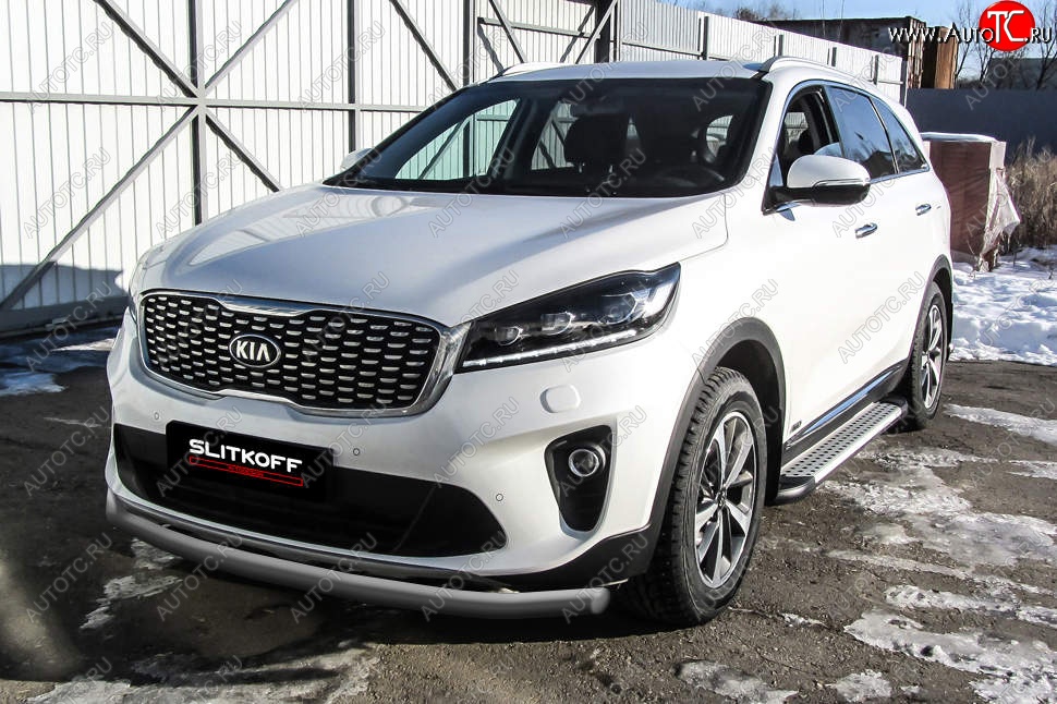 8 999 р. Защита переднего бампера Slitkoff (двойная, d57/42)  KIA Sorento  UM/Prime (2018-2020) рестайлинг (Сталь с полимерным покрытием. Цвет: серебристый)  с доставкой в г. Керчь