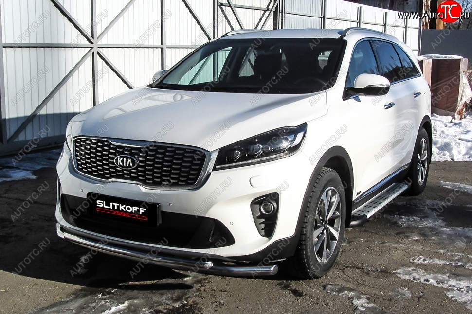 13 749 р. Защита переднего бампера Slitkoff (двойная, d57/42)  KIA Sorento  UM/Prime (2018-2020) рестайлинг (Нержавейка, Полированная)  с доставкой в г. Керчь