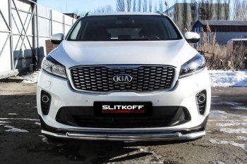 13 749 р. Защита переднего бампера Slitkoff (двойная, d57/42)  KIA Sorento  UM/Prime (2018-2020) рестайлинг (Нержавейка, Полированная)  с доставкой в г. Керчь. Увеличить фотографию 2