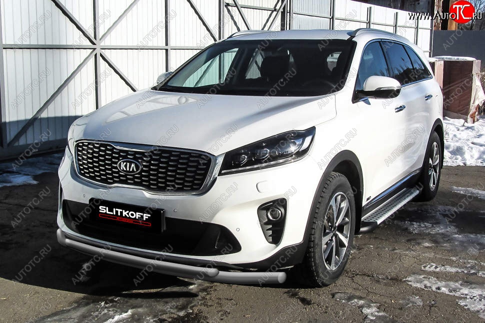 9 649 р. Защита переднего бампера Slitkoff (двойная, d57/42)  KIA Sorento  UM/Prime (2018-2020) рестайлинг (Сталь с полимерным покрытием. Цвет: серебристый)  с доставкой в г. Керчь