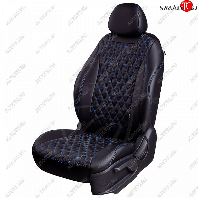 10 899 р. Чехлы для сидений Lord Autofashion Байрон (экокожа, раздельная спинка, 3 Г-образных подголовника) KIA Soul SK3 (2018-2022) (Черный, вставка черная, строчка синяя)  с доставкой в г. Керчь