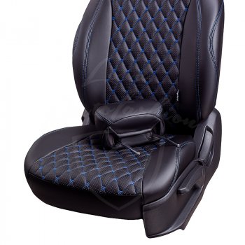 10 899 р. Чехлы для сидений Lord Autofashion Байрон (экокожа, раздельная спинка, 3 Г-образных подголовника) KIA Soul SK3 (2018-2022) (Черный, вставка черная, строчка синяя)  с доставкой в г. Керчь. Увеличить фотографию 3