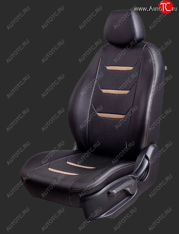7 399 р. Чехлы для сидений Lord Autofashion Турин 2 (экокожа, спинка 60/40 3 П-образных подголовника) KIA Spectra (2000-2009) (Чёрный, вставка черный/бежевый, строчка бежевая)  с доставкой в г. Керчь