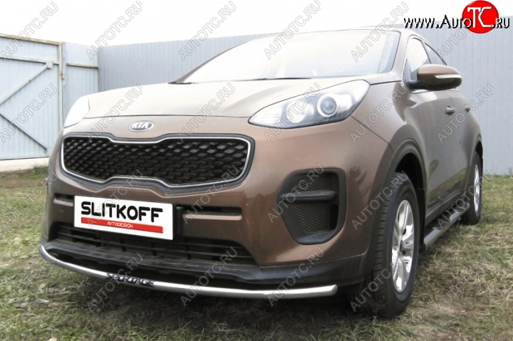 10 799 р. Одинарная защита переднего бампера диаметром 42 мм с надписью Slitkoff  KIA Sportage  4 QL (2016-2018) дорестайлинг (Нержавейка, Полированная)  с доставкой в г. Керчь
