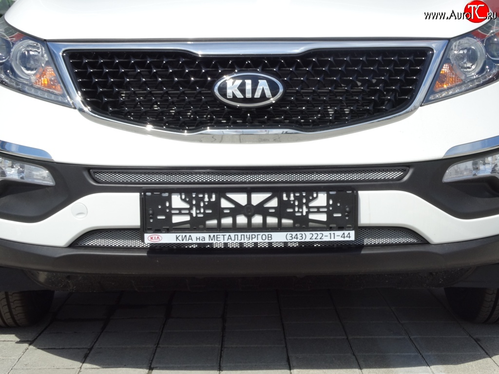 1 379 р. Средняя сетка на бампер (рестайлинг) Russtal (хром) KIA Sportage 3 SL дорестайлинг (2010-2014)  с доставкой в г. Керчь