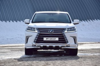 Защита переднего бампера двойная с зубьями из труб d63/63 мм Petroil Tuning Lexus LX450d  J200 (2015-2022) 2-ой рестайлинг (Нержавеющая полированная сталь)