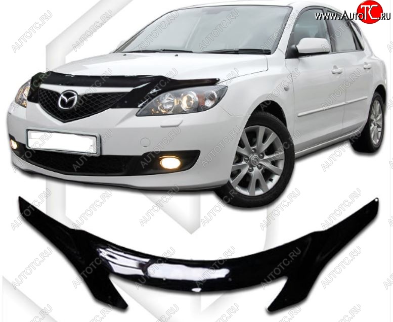 2 599 р. Дефлектор капота CA-Plastiс  Mazda 3/Axela  BK (2003-2009) дорестайлинг, хэтчбэк, рестайлинг, хэтчбэк (Classic черный, Без надписи)  с доставкой в г. Керчь
