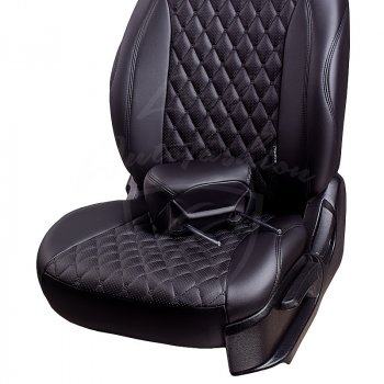19 649 р. Чехлы для сидений Lord Autofashion Байрон (экокожа, раздельная спинка, подлокотник, 2П и 1 Г-образных подголовника) Mazda 3/Axela BK дорестайлинг седан (2003-2006) (Черный, вставка черная, строчка черная)  с доставкой в г. Керчь. Увеличить фотографию 4