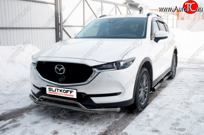 10 599 р. Защита переднего бампера Slitkoff (Ø 57+Ø 32, двойная). Mazda CX-5 KF (2016-2025) (Сталь с полимерным покрытием. Цвет: серебристый)  с доставкой в г. Керчь