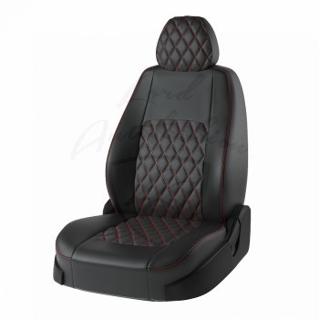 Чехлы для сидений Lord Autofashion Турин Ромб (экокожа) Mazda CX-5 KF (2016-2025) (Чёрный, вставка чёрная, строчка красная)