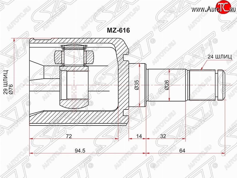 6 799 р. Шрус (внутренний/левый) SAT (29*24*35 мм) Mazda 323/Familia седан BJ дорестайлинг (1998-2000)  с доставкой в г. Керчь