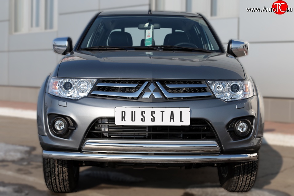 14 399 р. Защита переднего бампера (2 трубы Ø63 и 75х42 мм, нержавейка) Russtal Mitsubishi L200 5 KK,KL дорестайлинг (2015-2019)  с доставкой в г. Керчь