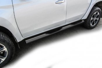 Защита порогов Slitkoff (Ø 76 мм, с проступями) Mitsubishi L200  5 KK,KL (2015-2022) дорестайлинг, рестайлинг (Сталь с полимерным покрытием. Цвет: серебристый)