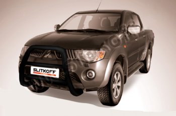 Защита переднего бампера Slitkoff (Ø76 мм, кенгурятник) Mitsubishi L200  4 (2006-2014)  дорестайлинг (Цвет: черный)