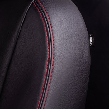 9 449 р. Чехлы для сидений Lord Autofashion Турин Ромб (экокожа, сплошная спинка, подлокотник, 2 П- и 1 Г-образных подголовника) Mitsubishi L200 4  дорестайлинг (2006-2014) (Черный, вставка черная, строчка красная)  с доставкой в г. Керчь. Увеличить фотографию 4