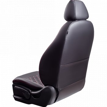 9 449 р. Чехлы для сидений Lord Autofashion Турин Ромб (экокожа, сплошная спинка, подлокотник, 2 П- и 1 Г-образных подголовника) Mitsubishi L200 4  дорестайлинг (2006-2014) (Черный, вставка черная, строчка красная)  с доставкой в г. Керчь. Увеличить фотографию 3