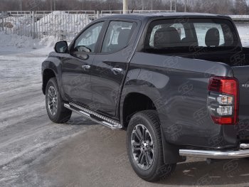 Защита порогов Slitkoff (d76 мм, с проступями) Mitsubishi L200  5 KK,KL (2018-2022) рестайлинг (Металлические торцы под 45°)
