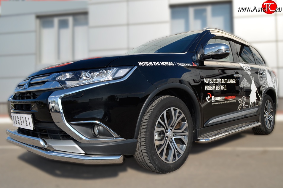 13 399 р. Защита переднего бампера (2 трубыØ75х42 и 63 мм, нержавейка) Russtal Mitsubishi Outlander GF 2-ой рестайлинг (2015-2018)  с доставкой в г. Керчь