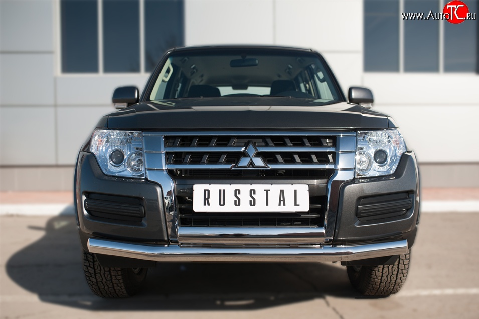 17 799 р. Защита переднего бампера (2 трубы Ø76 и 75х42 мм, нержавейка) Russtal Mitsubishi Pajero 4 V90 2-ой рестайлинг (2014-2020)  с доставкой в г. Керчь