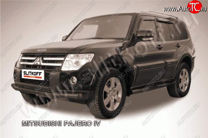 11 299 р. Защита переднего бампер Slitkoff Mitsubishi Pajero 4 V80 дорестайлинг (2006-2011) (Цвет: серебристый)  с доставкой в г. Керчь