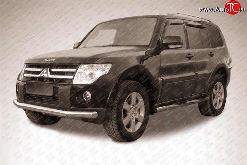 13 499 р. Одинарная защита переднего бампера из трубы диаметром 76 мм Slitkoff Mitsubishi Pajero 4 V80 дорестайлинг (2006-2011) (Нержавейка, Полированная)  с доставкой в г. Керчь