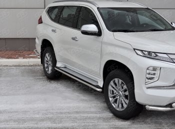 Защита порогов на SLITKOFF (Ø42 мм) Mitsubishi Pajero Sport  QF (2019-2022) рестайлинг (полированная нержавейка)