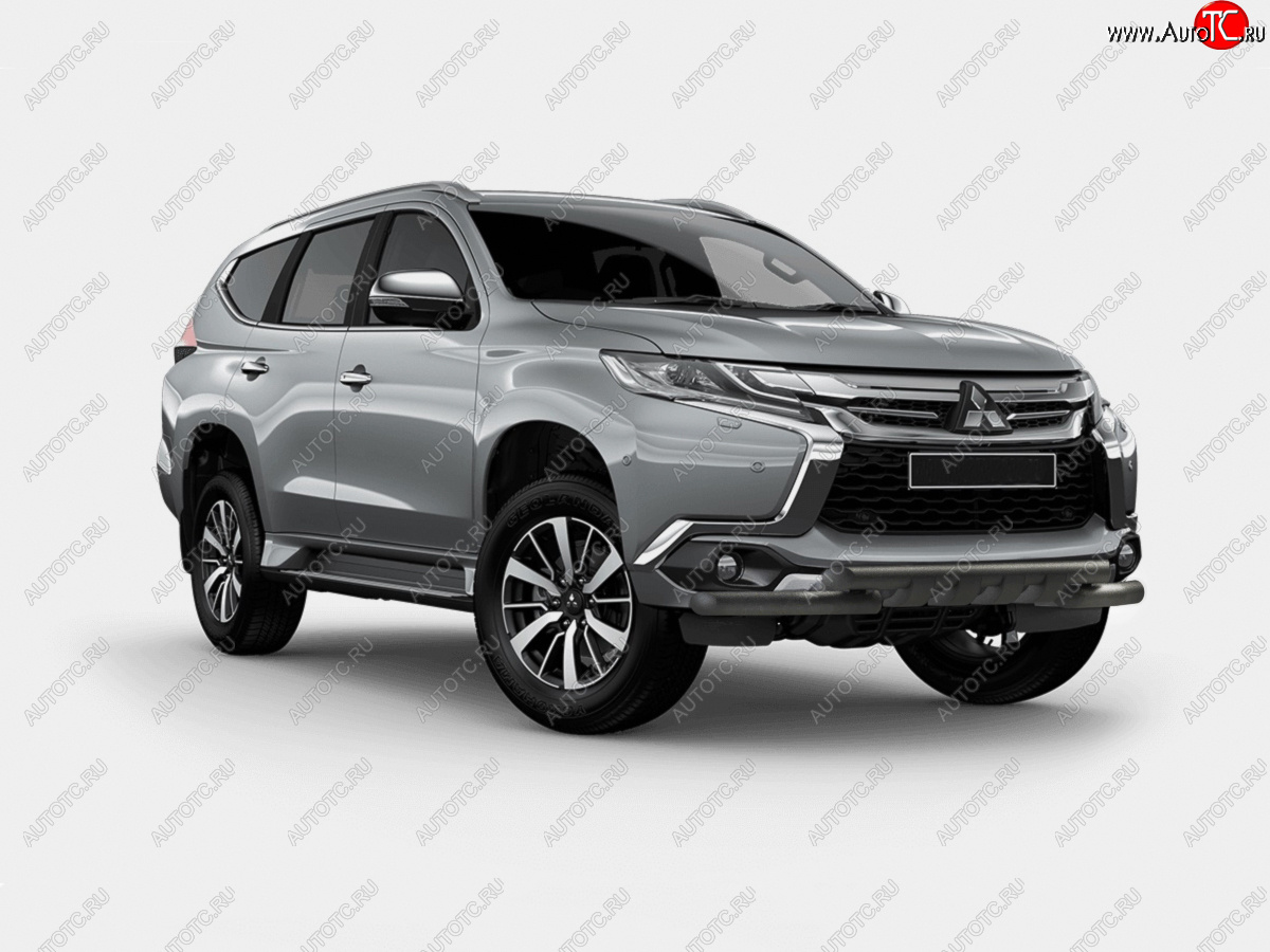 16 499 р. Защита переднего бампера (Ø63 мм с клыками) SLITKOFF Mitsubishi Pajero Sport QE дорестайлинг (2015-2021) (нержавейка с полимерным покрытием, черный)  с доставкой в г. Керчь