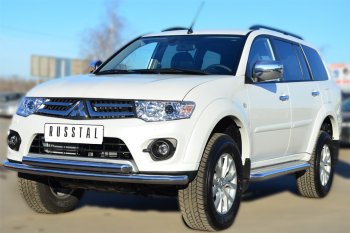 Пороги труба d63 с листом (Лист нерж,проф.нерж)(Вариант3) (2013-2015) SLITKOFF Mitsubishi Pajero Sport PB дорестайлинг (2008-2013)