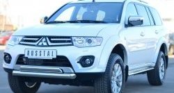 8 299 р. Защита порогов с круглыми вставками для ног из овальной трубы диаметром 75x42 мм (рестайлинг) Russtal Mitsubishi Pajero Sport PB дорестайлинг (2008-2013)  с доставкой в г. Керчь. Увеличить фотографию 3