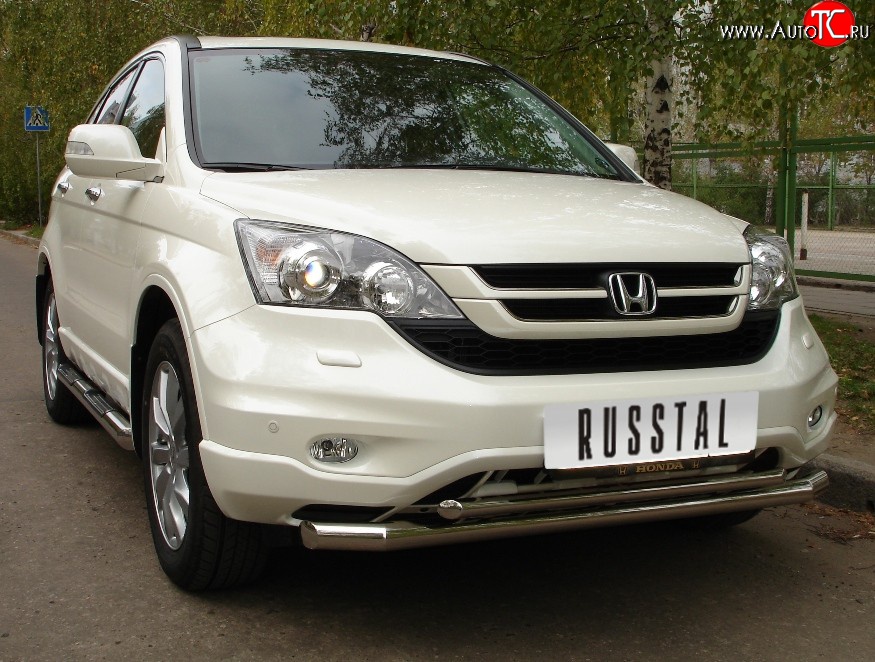 18 949 р. Защита переднего бампера (2 трубыØ63 и 42 мм, нержавейка) SLITKOFF Honda CR-V RE1,RE2,RE3,RE4,RE5,RE7 рестайлинг (2009-2012) (Объём двигателя 2.0 л)  с доставкой в г. Керчь