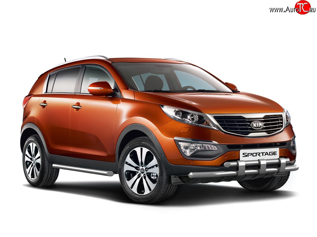 14 999 р. Двойная защита переднего бампера Petroil-Tuning 63 мм с пластинами  KIA Sportage  3 SL (2010-2014) дорестайлинг (Нержавеющая полированная сталь)  с доставкой в г. Керчь