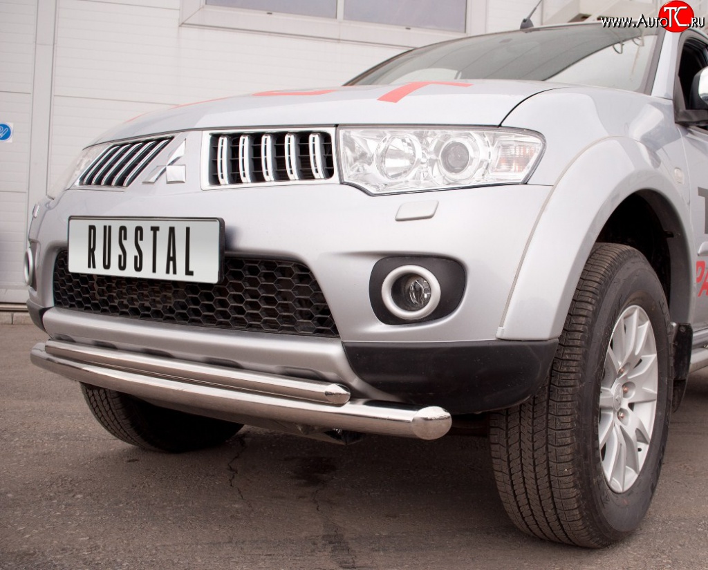 21 799 р. Защита переднего бампера (2 трубыØ76 и 63 мм, нержавейка) SLITKOFF Mitsubishi Pajero Sport PB дорестайлинг (2008-2013)  с доставкой в г. Керчь